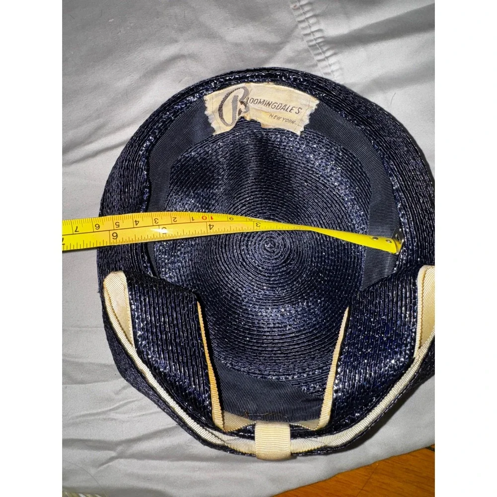 Vintage Bloomingdales Navy Blue Metallic Woven Straw Pillbox Hat with Bow Accent